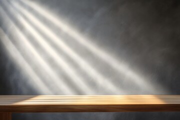 Wooden table, sunlight rays, dark wall background, product display