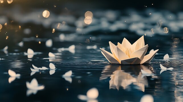 A serene white lotus flower floating on calm water surrounded by delicate petals, illuminated by soft golden light creating a tranquil atmosphere