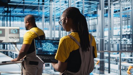 Smart photovoltaics factory expert gathering system performance metrics with AI tech. Solar panels...