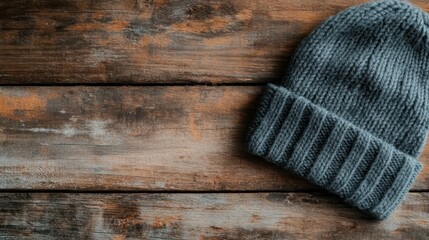 This image showcases a stylish gray knit beanie resting on a rustic wooden surface, highlighting warmth and comfort in a casual, inviting setting as winter approaches.