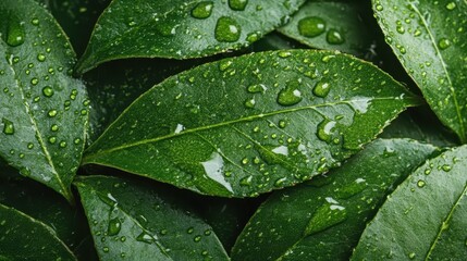 Fototapeta premium An artistic display of multiple green leaves adorned with water beads, reflecting joy and vitality attributed to nature's refreshing nurturing.