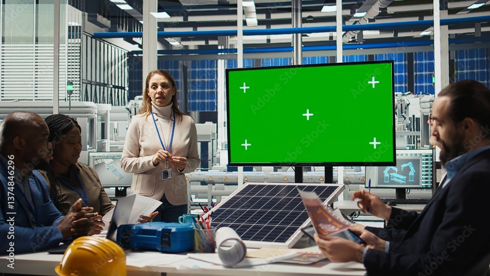 Poster factory engineers look over assembly lines schematics during business meeting in front of green scre