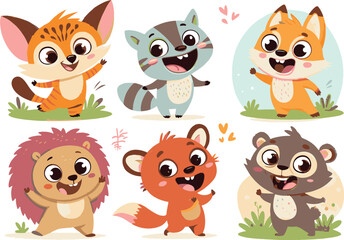 A delightful digital illustration featuring six adorable cartoon animals playing happily. Perfect for children’s books, greeting cards, educational materials, and playful designs.