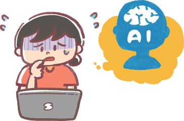 AIに怯える女性とパソコンのイラスト