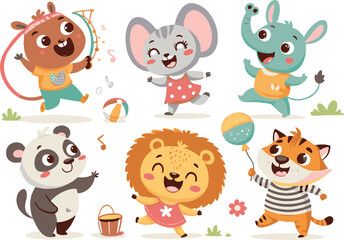 Naklejka premium A delightful digital illustration featuring six adorable cartoon animals playing happily. Perfect for children’s books, greeting cards, educational materials, and playful designs.