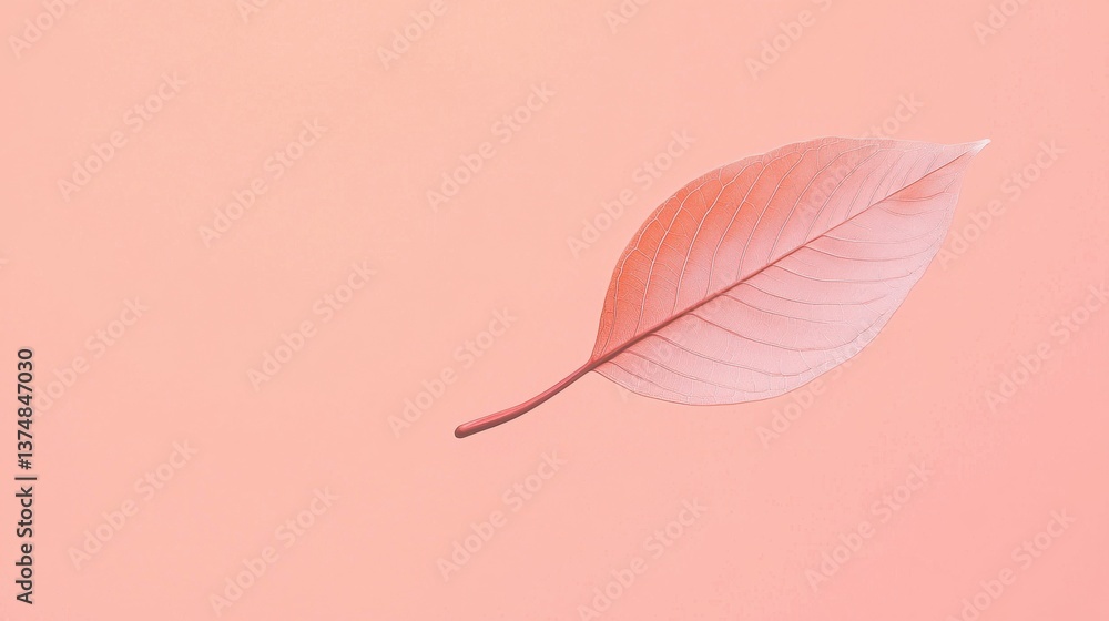 Poster digital illustration of a single leaf on a pastel pink background. the leaf is in the center of the 