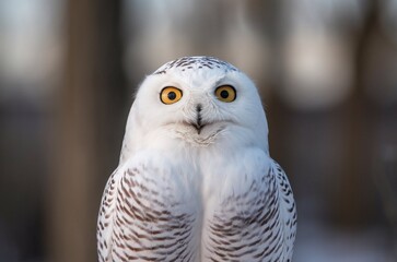 Obraz premium A close-up shot of a snowy owl's face with eyes wide open