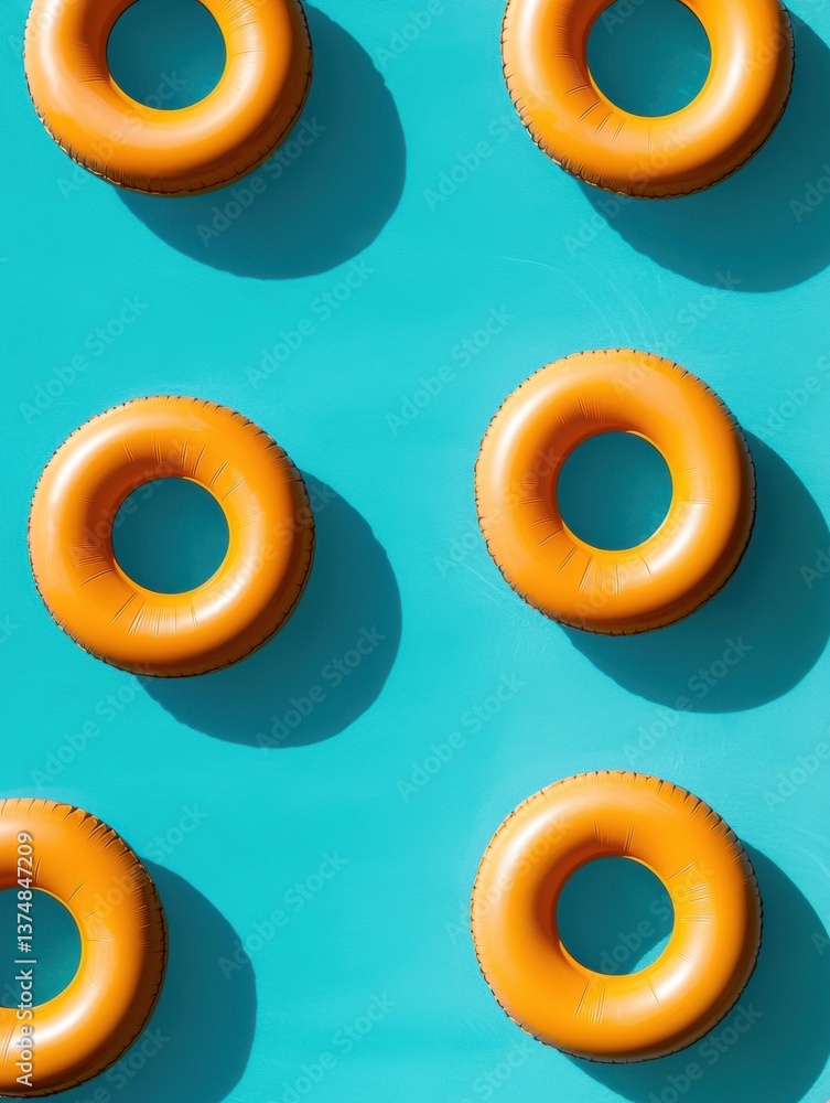 Poster six orange inflatable rings arranged in a grid-like pattern on a turquoise background. the rings are