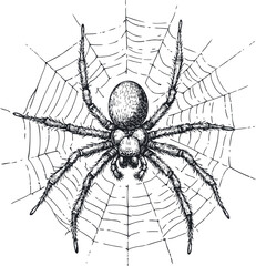 Obraz premium Spider on web illustration with detailed line art in black and white. Vector illustration