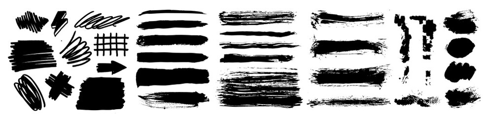 Vector strokes made with a brush, isolated on a white background. Black paint ink line texture elements, including hand-drawn arrows. A set of vector stickers and doodles, use for decoration, collage