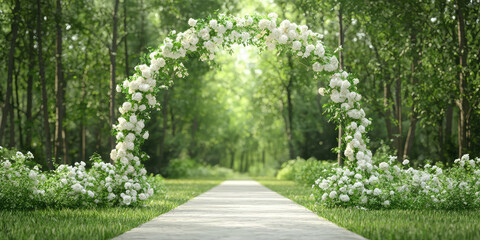 Obraz premium Garden arch with flowers and plants on a homestead or cottage backyard. Summer decoration of the garden.