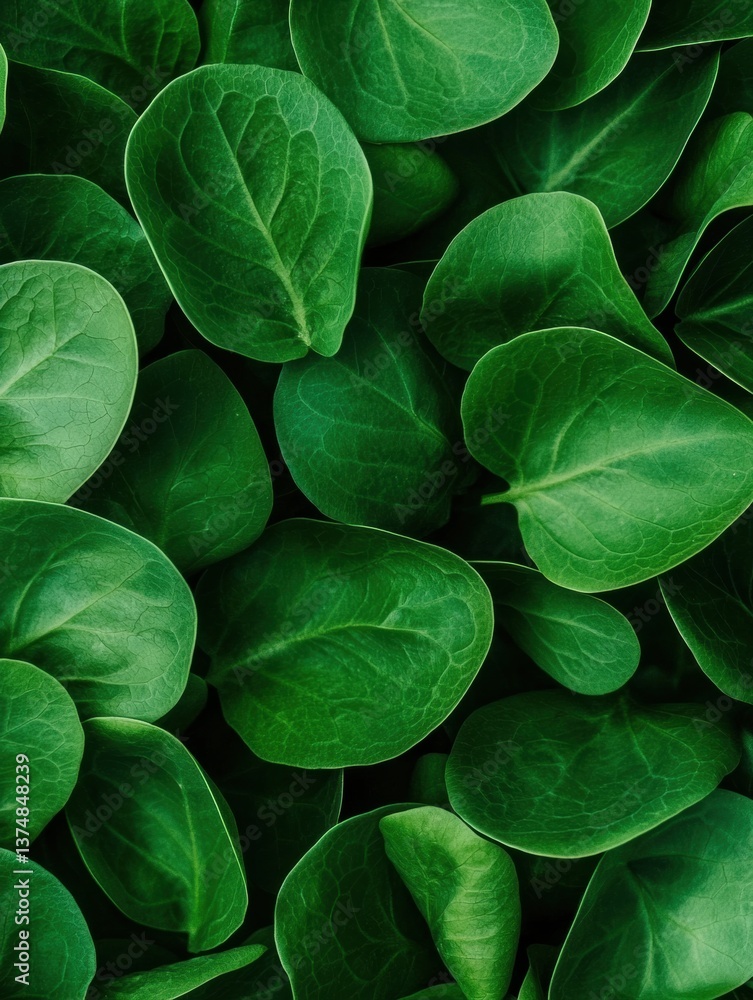 Poster close-up of a group of green leaves. the leaves are arranged in a random pattern, with some overlapp