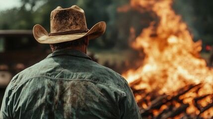 A seasoned cowboy, embodying experience and grit, gazes at an intense fire, highlighting both the beauty and danger of nature in an outdoor setting.