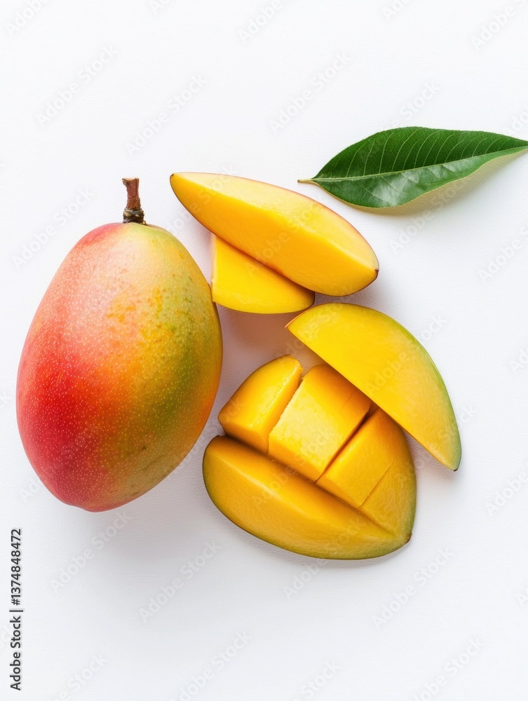 Poster whole mango with a few slices of the fruit scattered around it on a white background. the mango is r