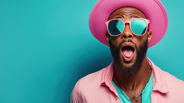 A stylish man with a surprised expression, wearing a pink hat and sunglasses against a bright blue background, highlighting modern fashion and personal expression.