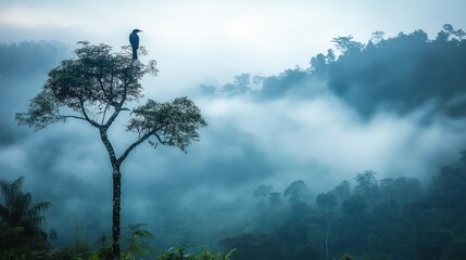 A Great Slaty Woodpecker clinging to last intact dipterocarp tree in Borneo, illegal logging camp smoke rising in distance 