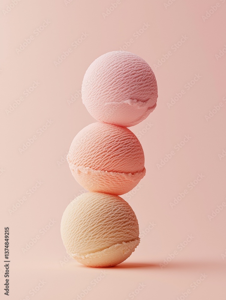 Poster three scoops of ice cream stacked on top of each other. the scoops are of different colors - one is 