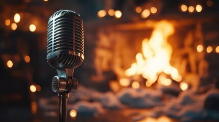 A stylish microphone is captured with softly glowing flames in the background, highlighting the energetic and intimate connection between music and emotion.