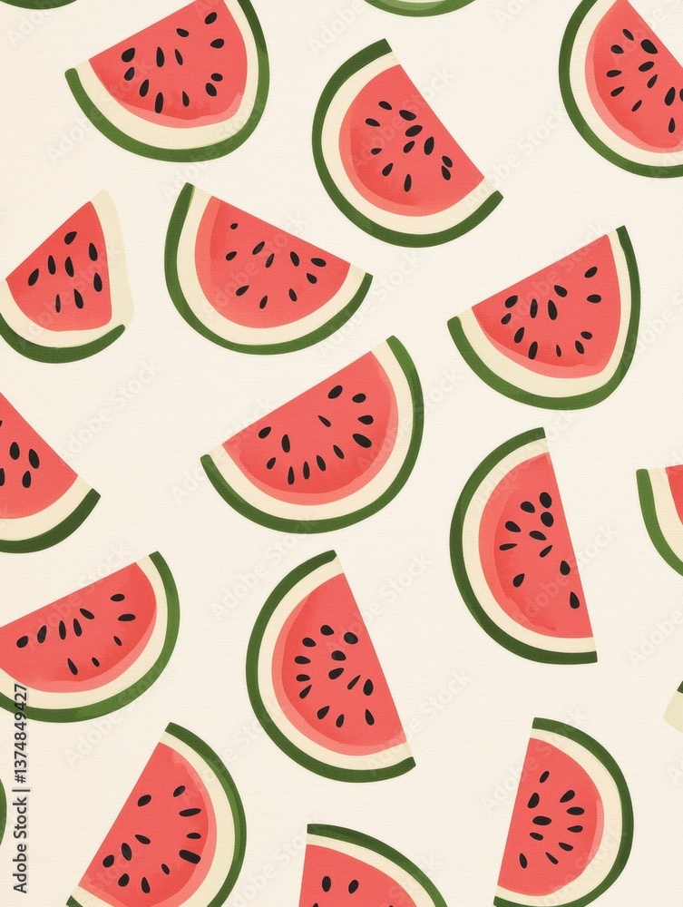 Poster seamless pattern of multiple slices of watermelon arranged in a repeating pattern on a white backgro