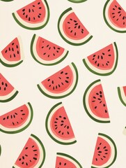 Seamless pattern of multiple slices of watermelon arranged in a repeating pattern on a white background.