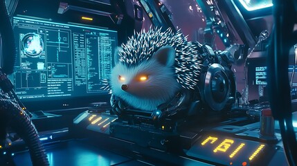 A futuristic, neon-lit control room featuring a cute, fluffy hedgehog with glowing eyes, set against a backdrop of high-tech screens displaying data and analytics