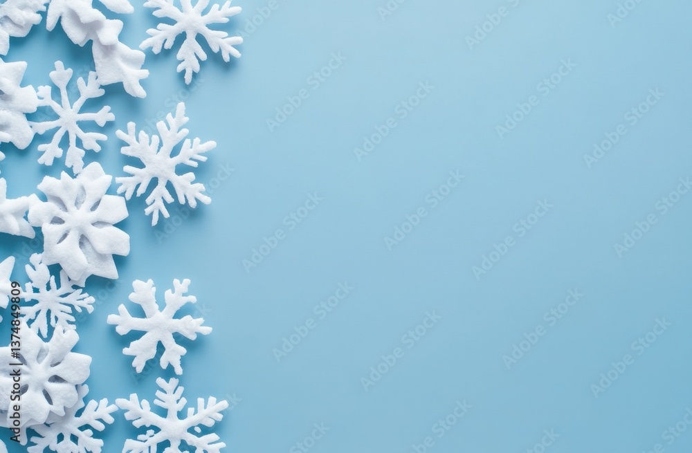 Poster blue background with white snowflakes on the left side, creating an atmosphere of cold weather and w