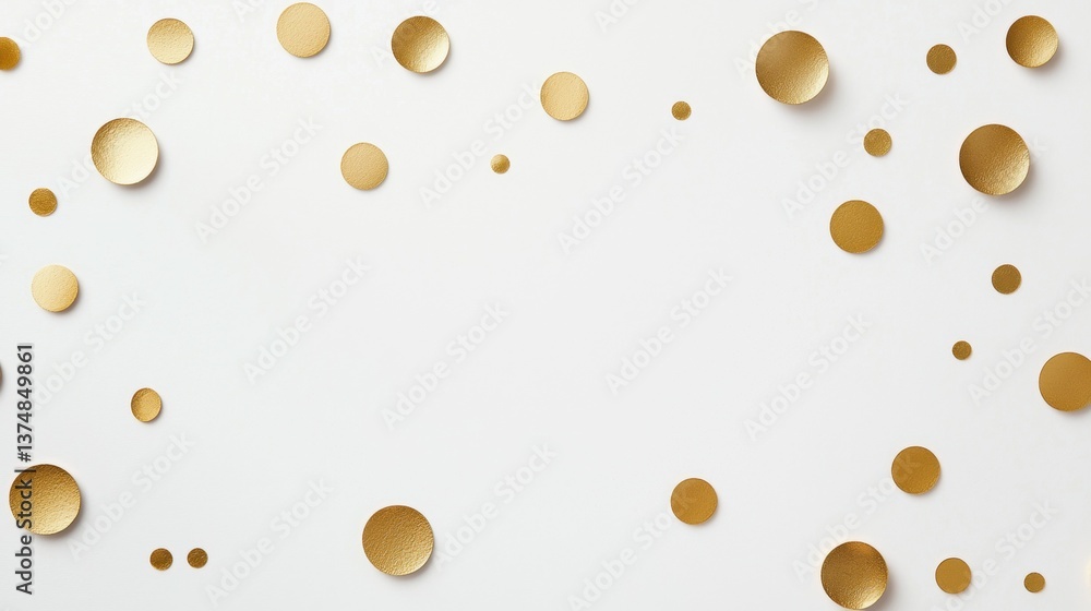 Poster flat lay of multiple gold-colored circles scattered randomly on a white background. the circles are 