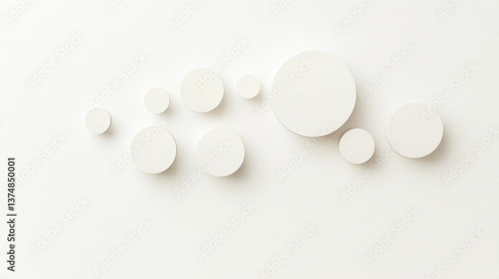 Poster group of nine white circles arranged in a scattered manner on a plain white background. the circles 