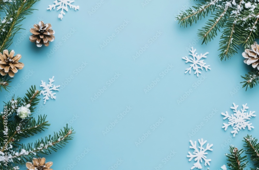 Poster a blue background with snowflakes in the upper left corner, creating an elegant and simple design fo