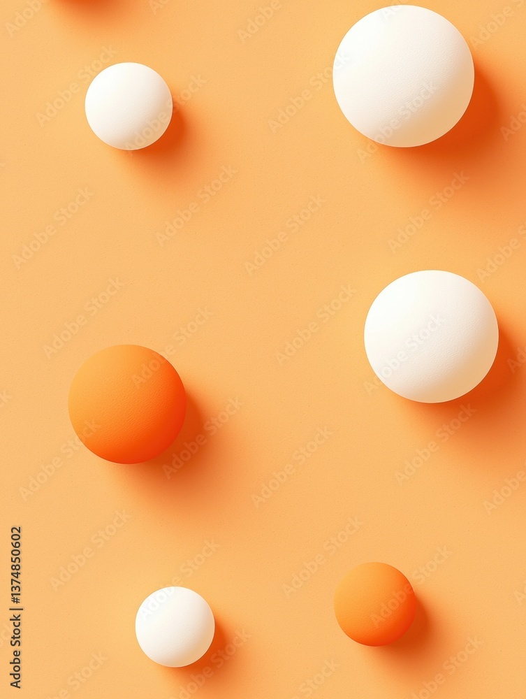Fototapete group of six white spheres arranged in a diagonal line on an orange background. the spheres are of d