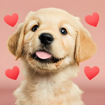 puppy love concept Adorable puppy with hearts in the background, radiating joy and affection.