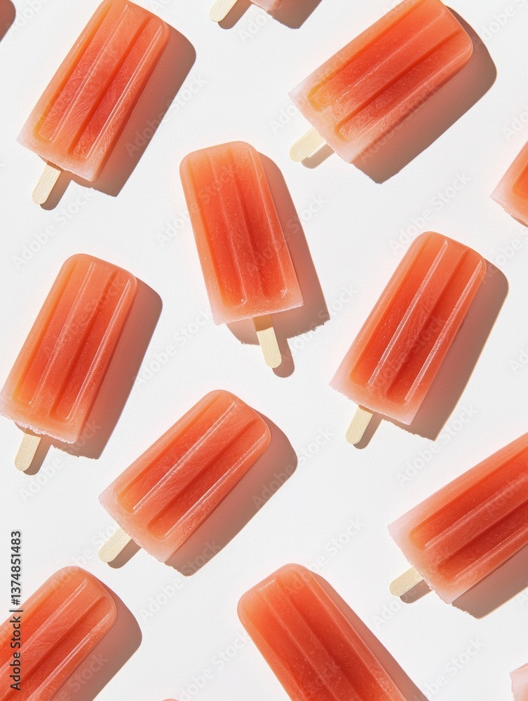 Poster group of popsicles arranged in a random pattern on a white background. the popsicles are orange in c