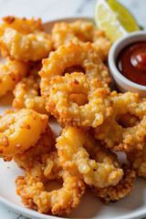 A plate of goldenbrown fried onion rings sits beside a small bowl of red sauce and a slice of lemon, ready to be enjoyed as an appetizer