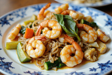 A vibrant dish featuring shrimp, noodles, and an array of vegetables, including carrots and zucchini, garnished with basil leaves on a blue and white patterned plate