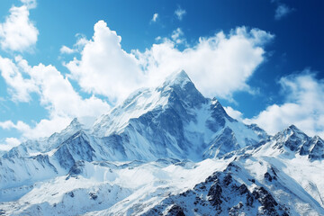 Obraz premium Snowy Mountain Peaks Against Blue Sky and Clouds in Wintertime