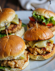 Three delicious sliders on a white plate, each topped with juicy chicken, melted cheese, fresh lettuce, and a pickle spear, held together with toothpicks