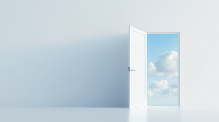 White modern door opens to bright sky with soft clouds, minimalist freedom and rebirth concept
