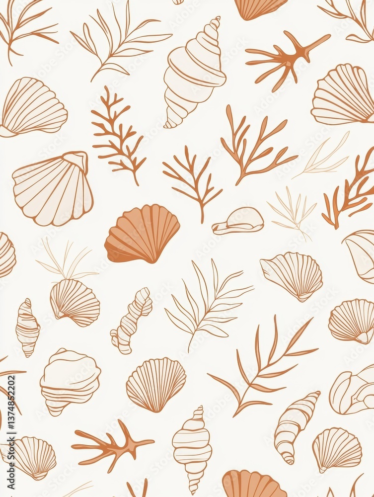 Poster seamless pattern of various seashells and seaweed. the shells are of different sizes and shapes, wit