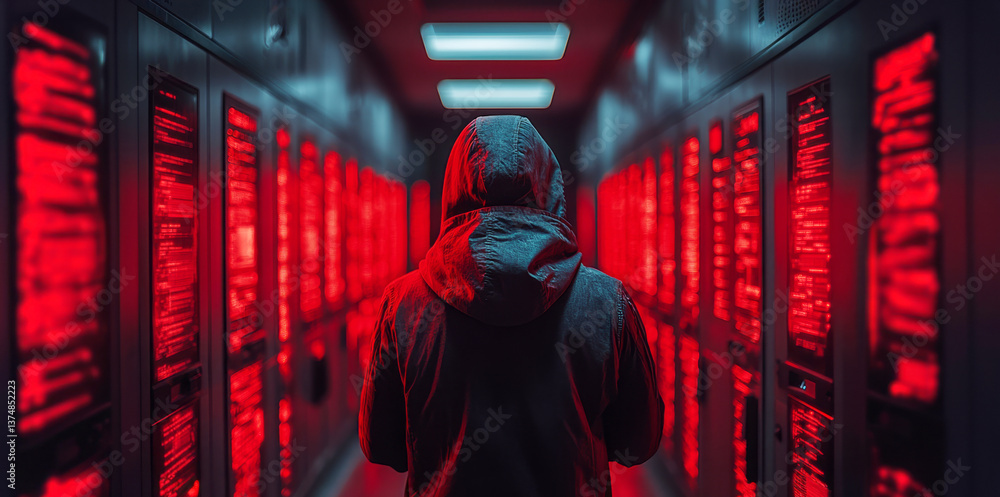 Leinwandbilder A cybersecurity expert stands in a dimly lit data center, facing rows of servers displaying red alerts. They are assessing firewall configurations in response to a potential data breach.