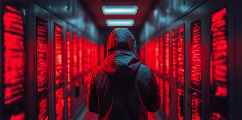 A cybersecurity expert stands in a dimly lit data center, facing rows of servers displaying red alerts. They are assessing firewall configurations in response to a potential data breach.