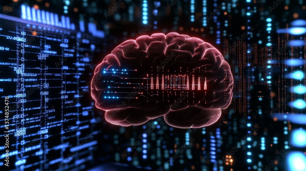 Poster close-up view of an advanced brain implant showcasing neural connections and data transmission