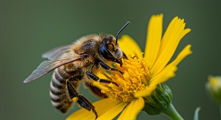 Macro Photography of Honey Bees Collecting Pollen on Daisy Flowers

