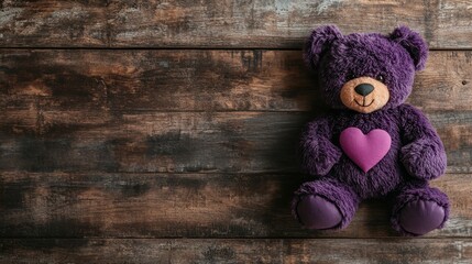 Obraz premium This image features a plush purple teddy bear with a heart on its chest, set against a textured wooden background, creating a warm and inviting atmosphere.
