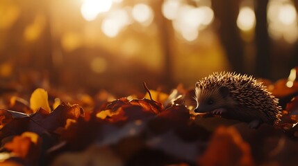 Fototapeta premium A hedgehog resting among colorful autumn leaves with warm sunlight filtering through the trees in a serene forest setting