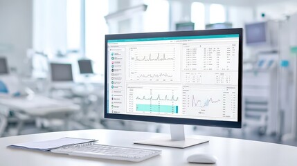 A modern computer monitor displaying medical data and analytics in a clinical environment, with a focus on technology and healthcare.
