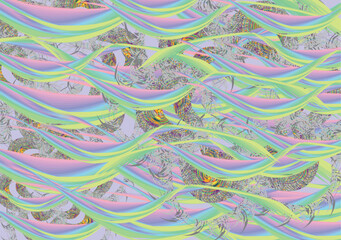 Beautiful tropical backdrop with wavy lines for interiors or fabrics. Chaotic linear and floral motifs in psychedelic tones for business concepts, textiles, interior solutions, covers, posters