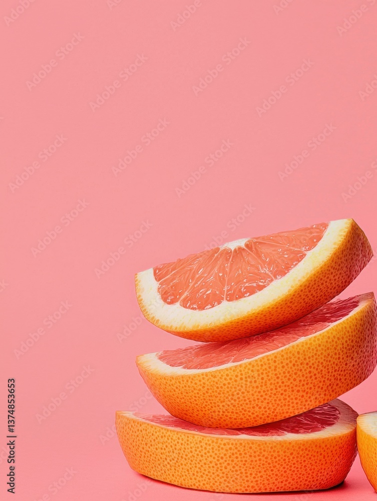 Poster three halves of a grapefruit on a pink background. the grapefruit are arranged in a pyramid-like for