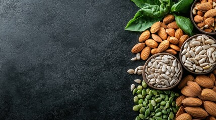 Nuts and seeds arranged in small cups on a dark surface, with greens scattered around, showcasing a playful yet stylish approach to healthy snacking and cooking.