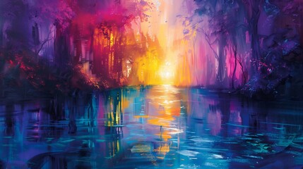 Enchanted River of Inspiration flowing through dreamlike forest of vibrant hues reflective waters and radiant abstract forms that illustrate the ever changing journey of ideas