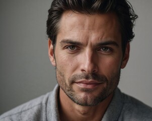 Obraz premium Man with fresh, clean skin, neutral background perfect for men's skincare